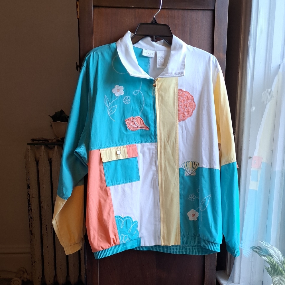 Koret Woman's Size XL Teal Coral And Yellow Patchwork Sea Shell Beachy Jacket